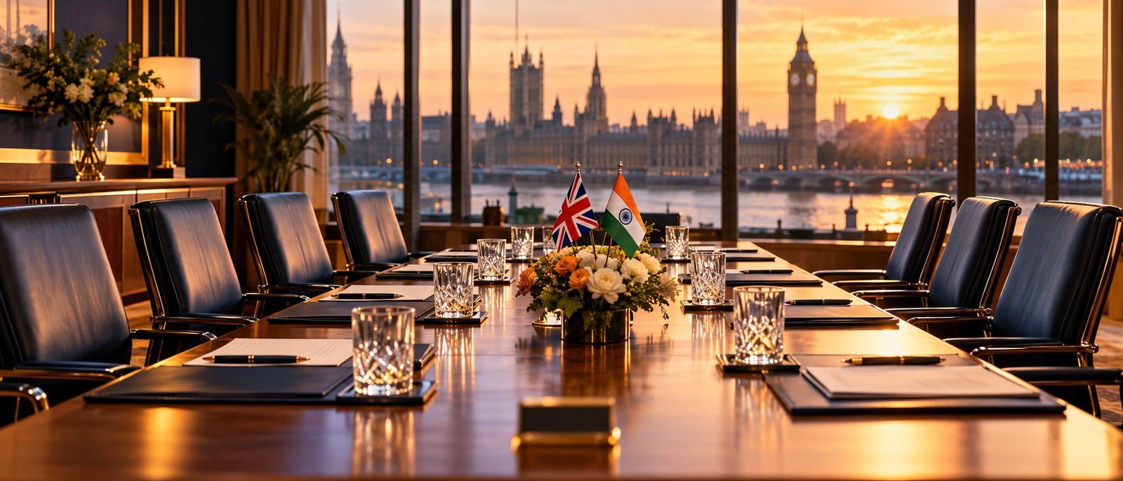 A boardroom table set with UK and Indian flags, overlooking the Palace of Westminster at sunset