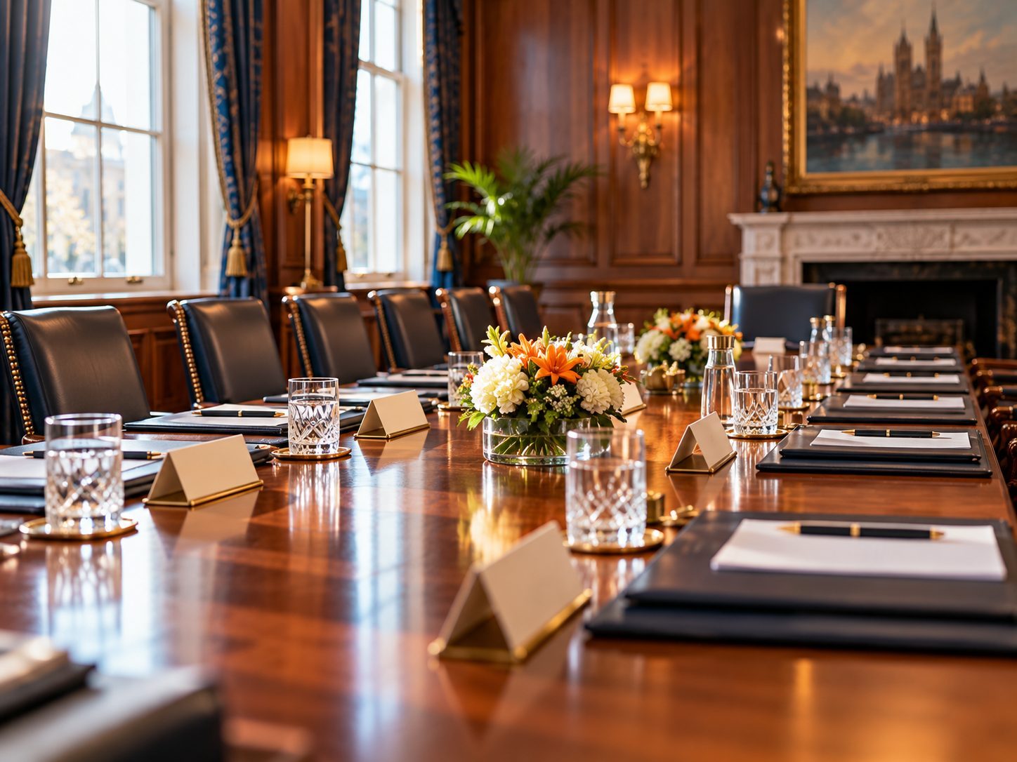 A formal meeting room set for a roundtable, with name placards, water glasses and folders along a polished table