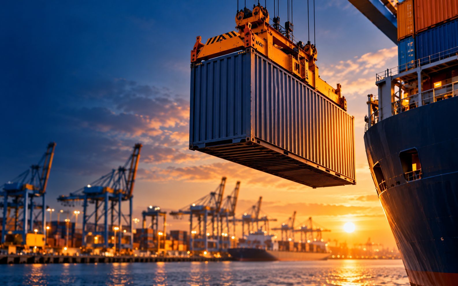 A shipping container being lifted onto a cargo ship at a port at sunset