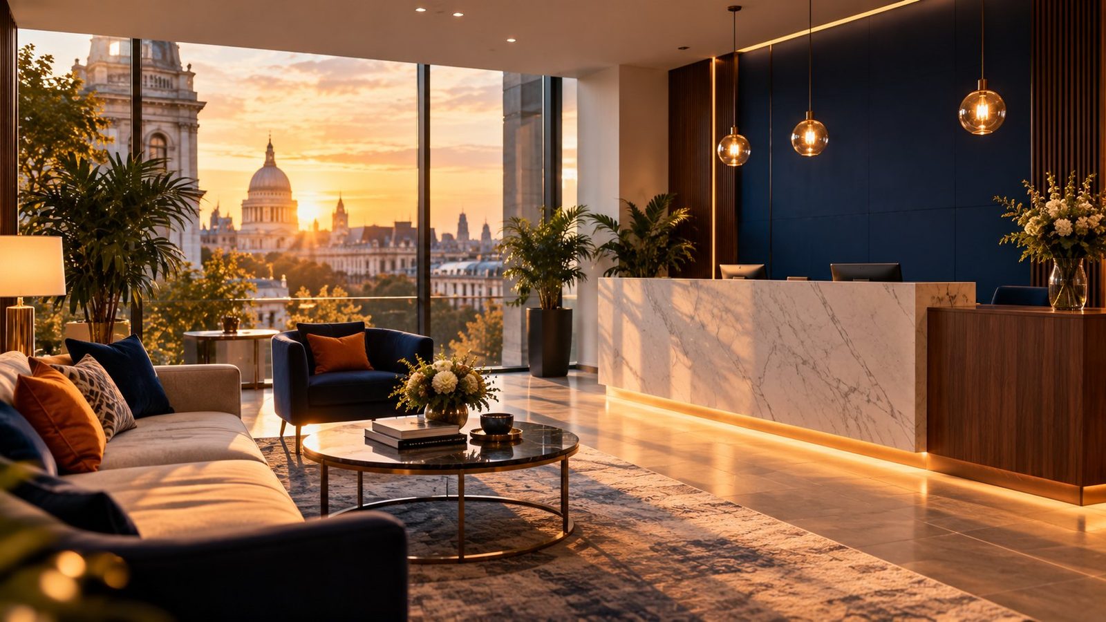 A welcoming reception lounge in London with a view of St Paul's Cathedral at sunset