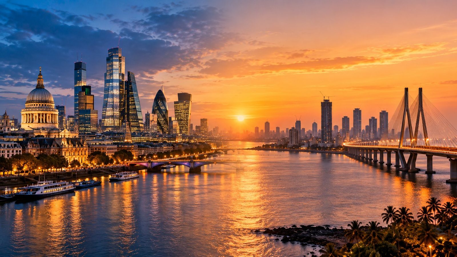 The London skyline and the Mumbai sea link joined across one river at sunset