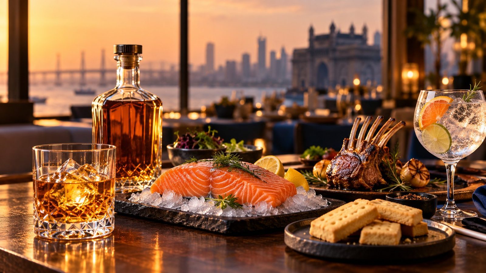 Scotch whisky, salmon, lamb and gin on a restaurant table overlooking Mumbai