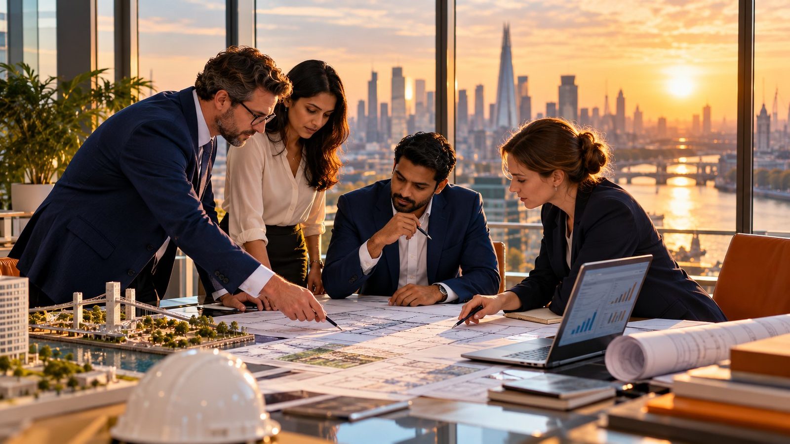 UK and Indian professionals reviewing engineering drawings above the London skyline