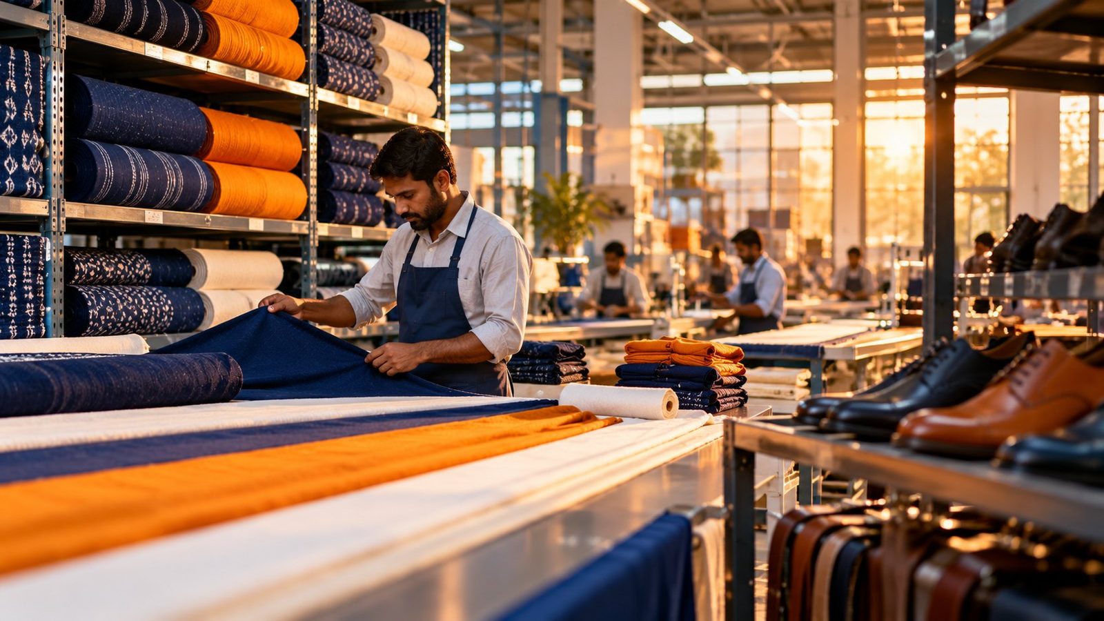 Worker inspecting indigo and saffron fabric in an Indian textile factory
