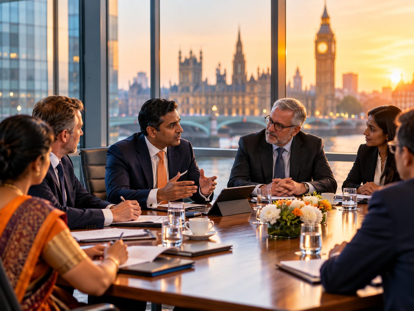 UK and Indian business leaders in discussion around a table overlooking Westminster at sunset