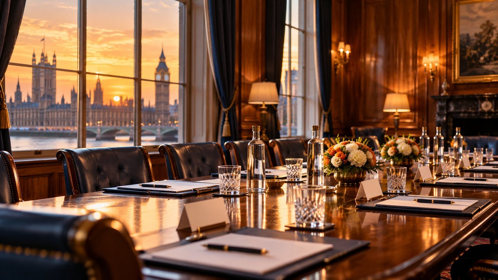 A wood-panelled London boardroom set for a members roundtable overlooking Westminster at sunset