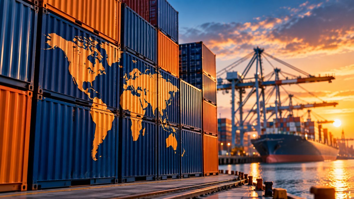 Stacked shipping containers painted with a world map beside a port