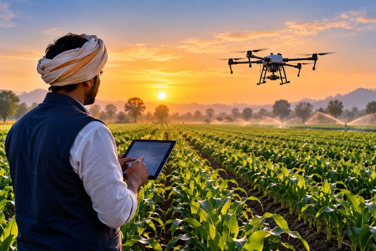 Farmer with a tablet guiding a drone over crop rows at sunrise