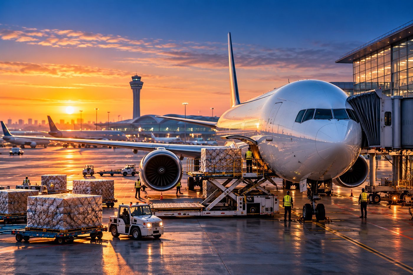 Wide-body aircraft being loaded with cargo at an airport gate at sunrise