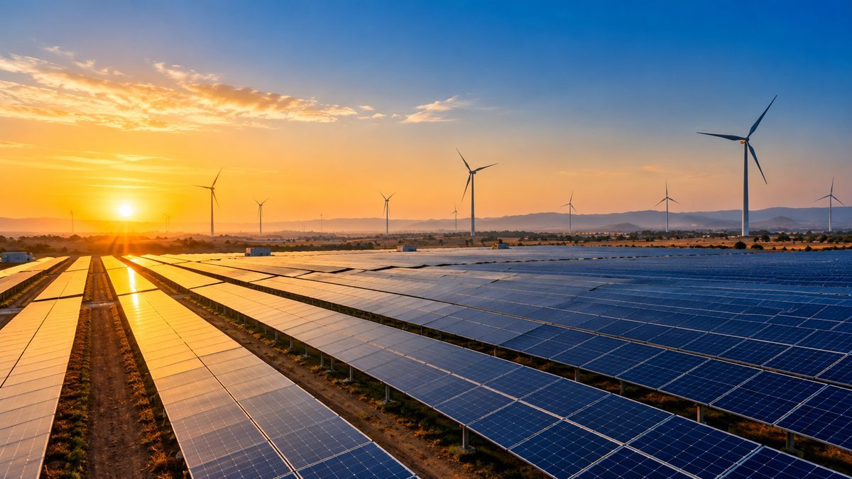 Solar farm with wind turbines on the horizon at sunrise