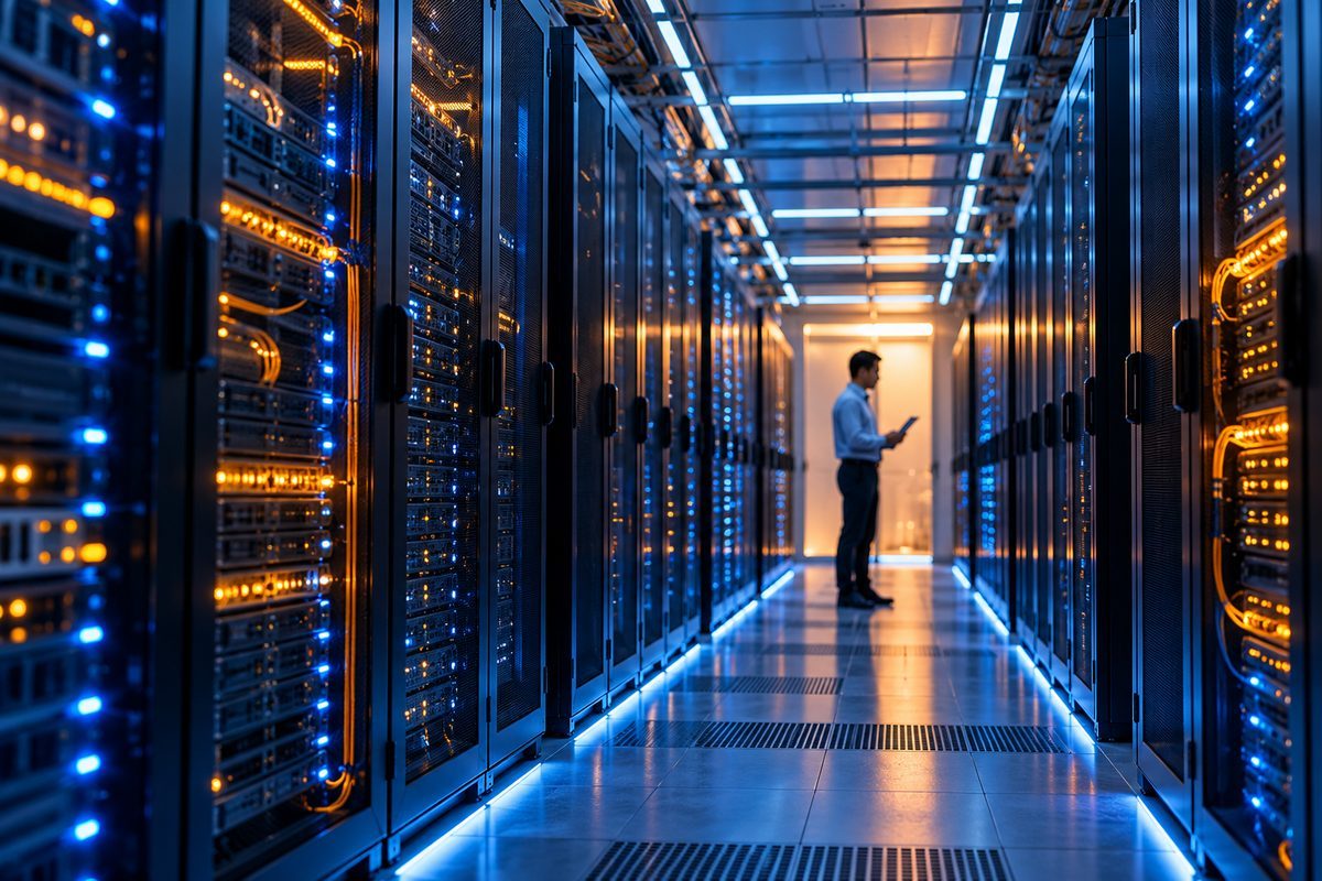 Engineer with a tablet in a data centre aisle lined with server racks