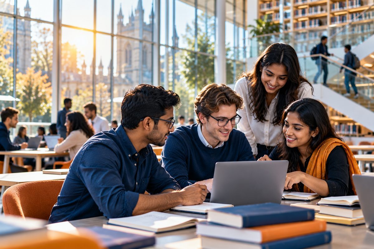 UK and Indian students working together on a laptop in a university library