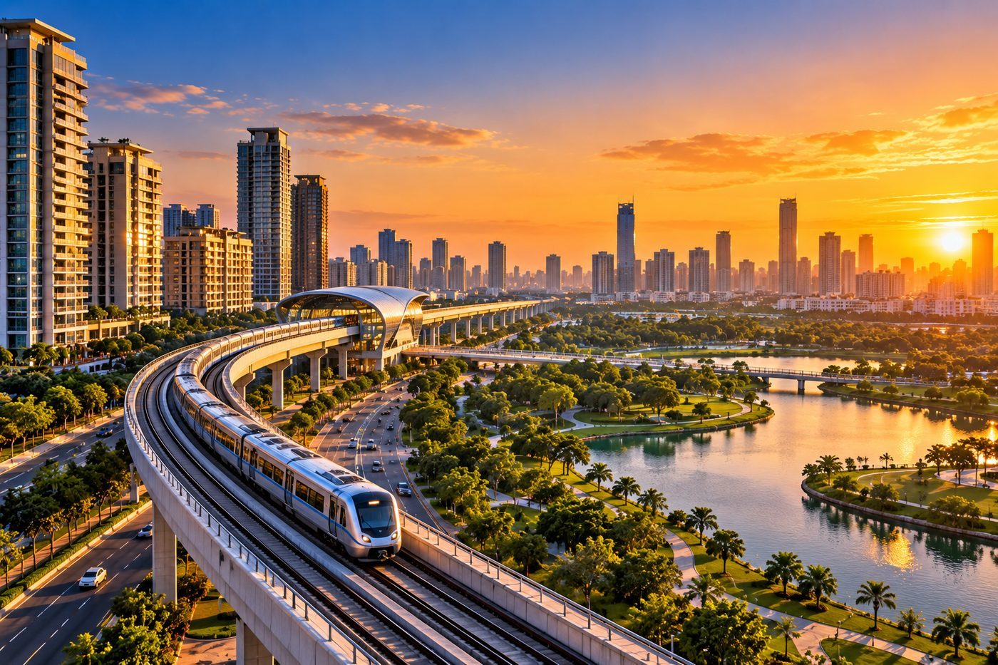 Elevated metro line curving through a green city district at sunset