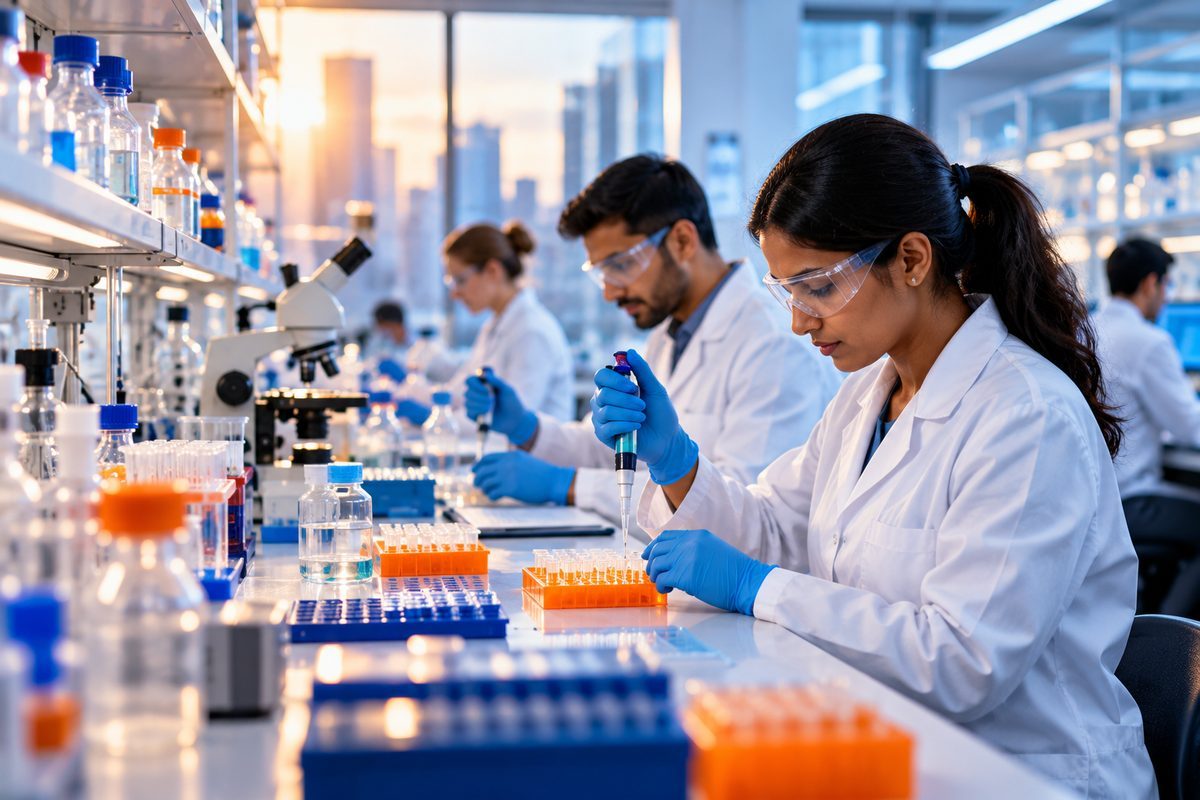Scientists pipetting samples at a laboratory bench