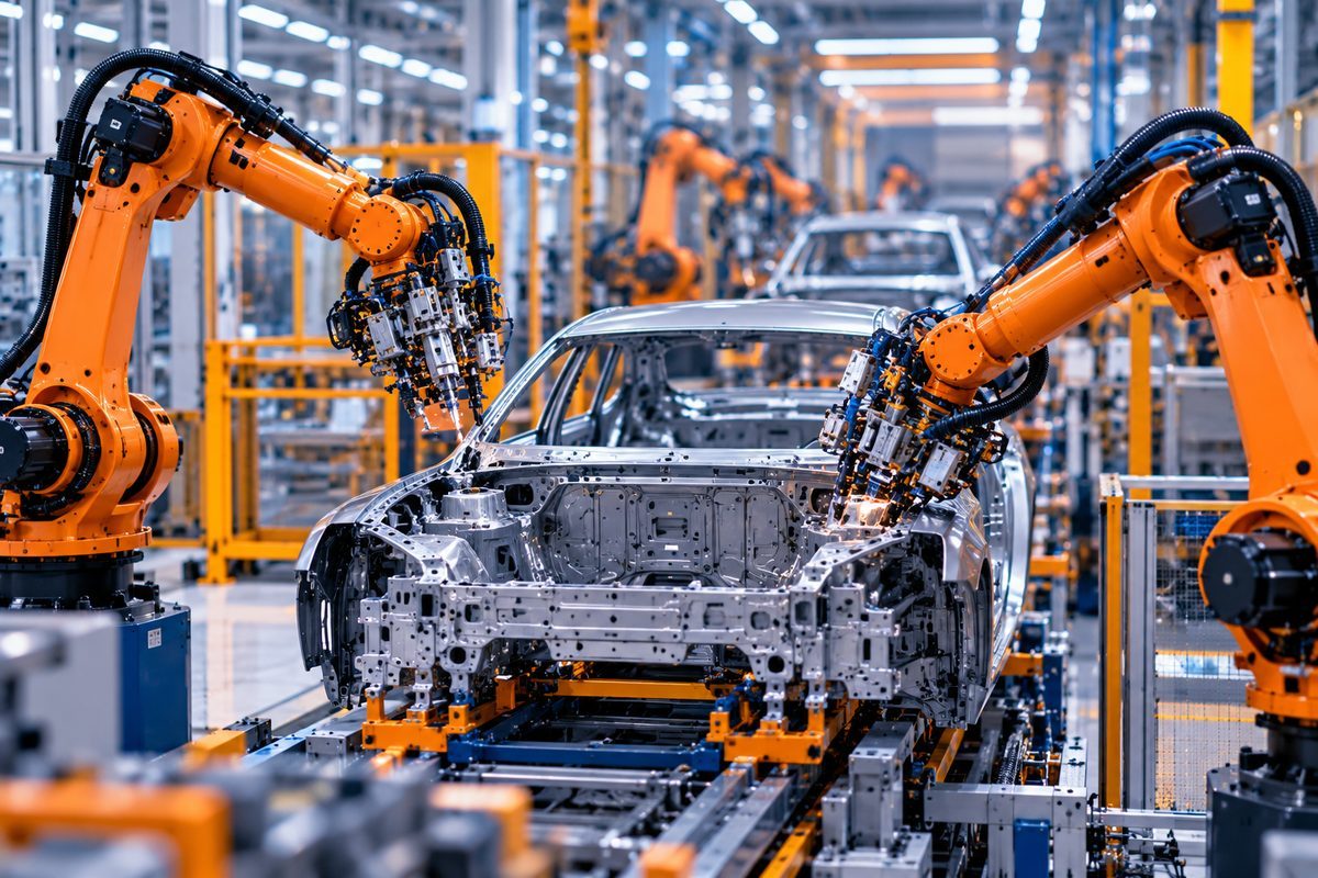 Robotic arms assembling a car body on an automated production line