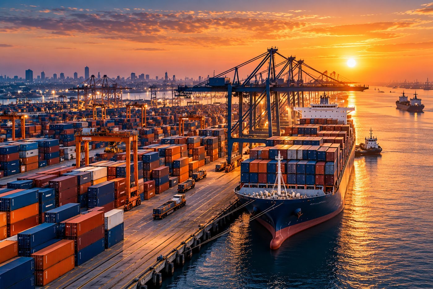Container port at sunset with cranes and a loaded container ship at berth
