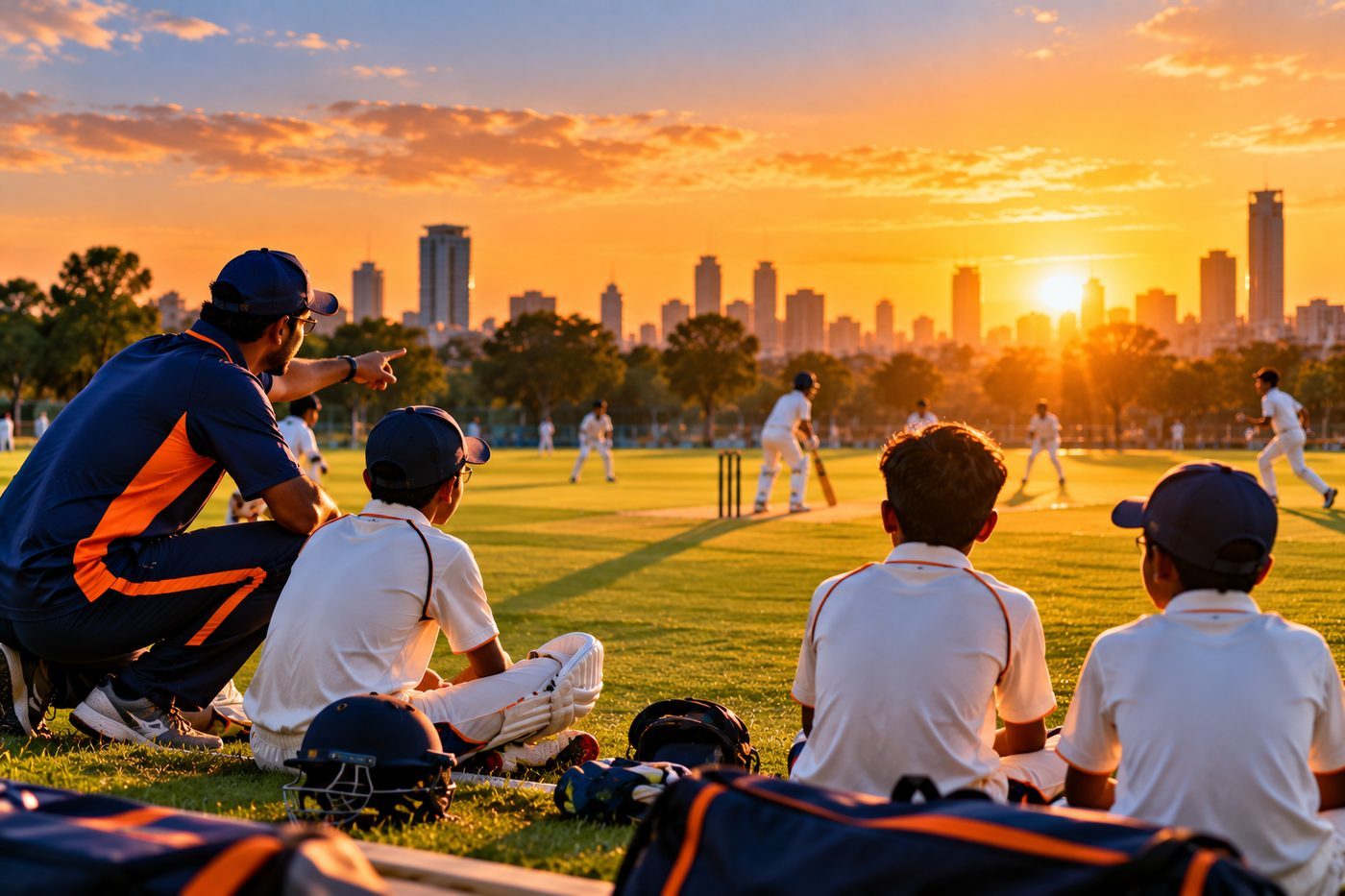 Young cricketers and a coach watching a community match at sunset